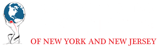 The image features a logo with text that reads  BRAIN AND SPINE INSTITUTE OF NEW YORK AND NEW JERSEY  at the top, followed by the words  BRAIN AND SPINE INSTITUTE  in larger font. Below this, there is a small graphic of a globe with the continents visible and a white dot that could represent a location or theme. The logo has a rectangular shape with a black background and white text.